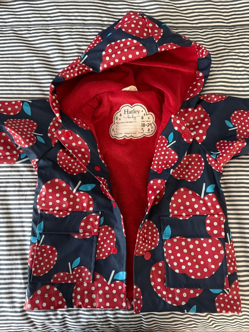 Hatley Navy Raincoat with Red Polka-Dot Apple Print